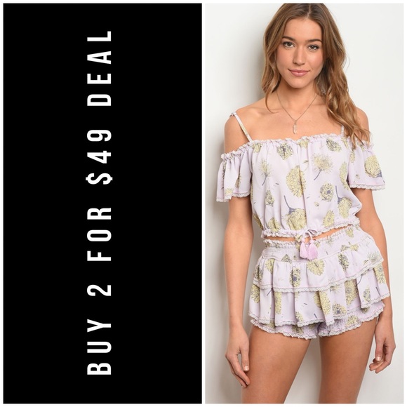January Summer Pants - ☀️LAVENDER RUFFLES & LACE FLORAL SHORTS SET